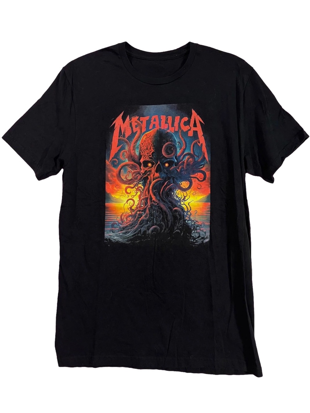 Gildan Black Tee with Red and Orange Octopus Graphic Metallica